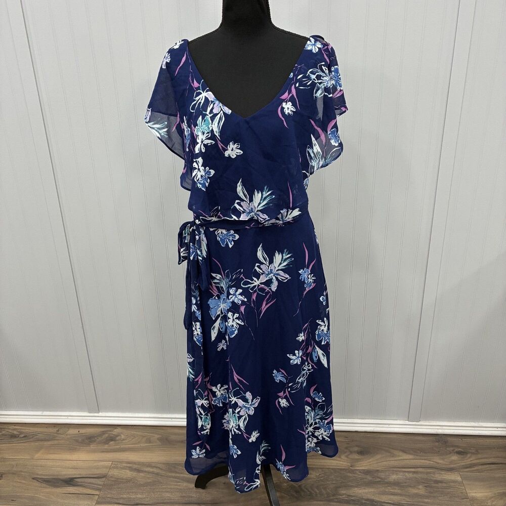 NWT Lane Bryant Womens 16 Floral Chiffon Midi Dress Flutter Cold Shoulder Navy